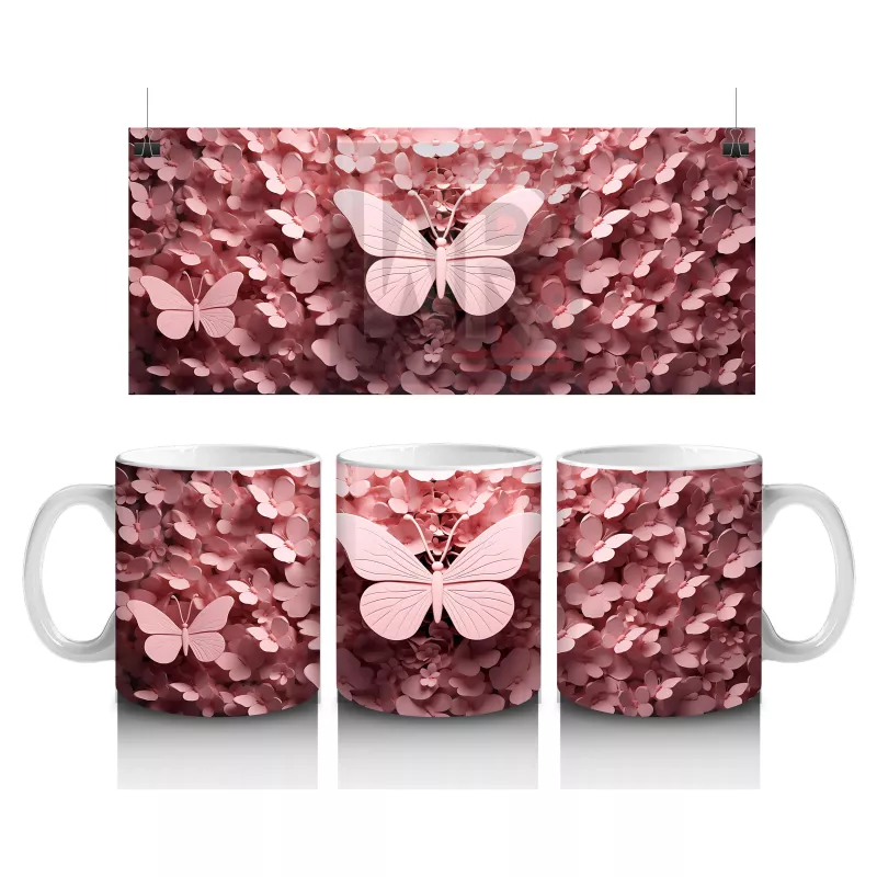 Pembe Yapraklar Arasında Zarif Kelebek – Baskılı Kahve Kupası