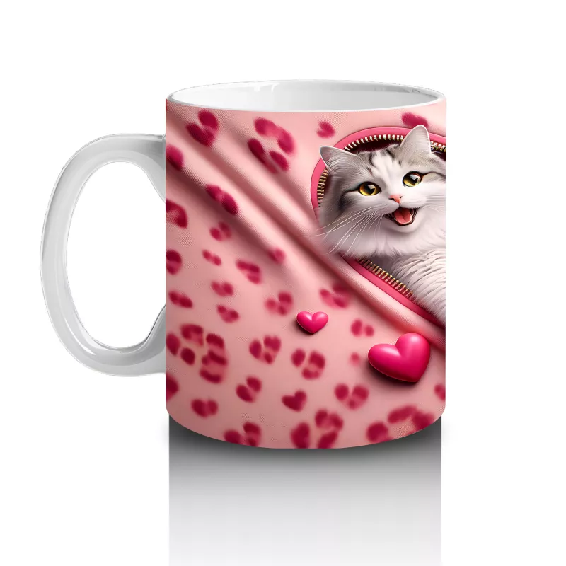 Pembe Yastıklı Fon Üzerinde Oyunbaz Kediler – Baskılı Kahve Kupası - 2