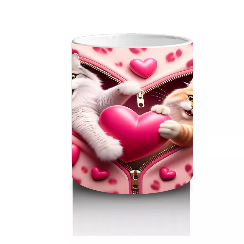 Pembe Yastıklı Fon Üzerinde Oyunbaz Kediler – Baskılı Kahve Kupası - 3