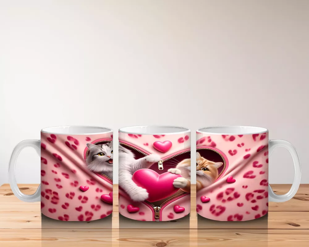 Pembe Yastıklı Fon Üzerinde Oyunbaz Kediler – Baskılı Kahve Kupası - 5