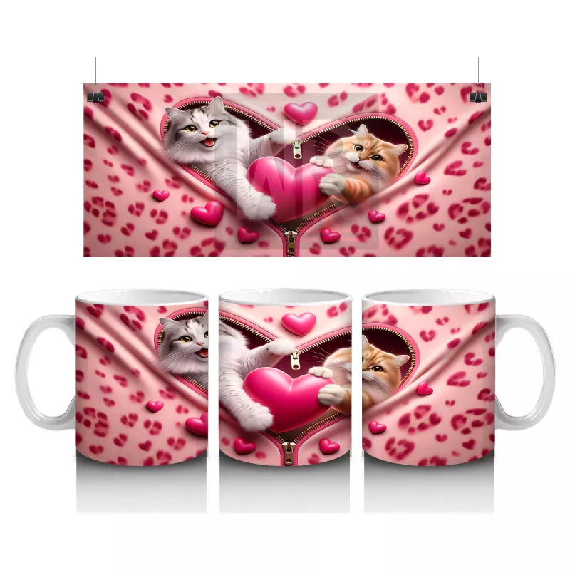 Pembe Yastıklı Fon Üzerinde Oyunbaz Kediler – Baskılı Kahve Kupası