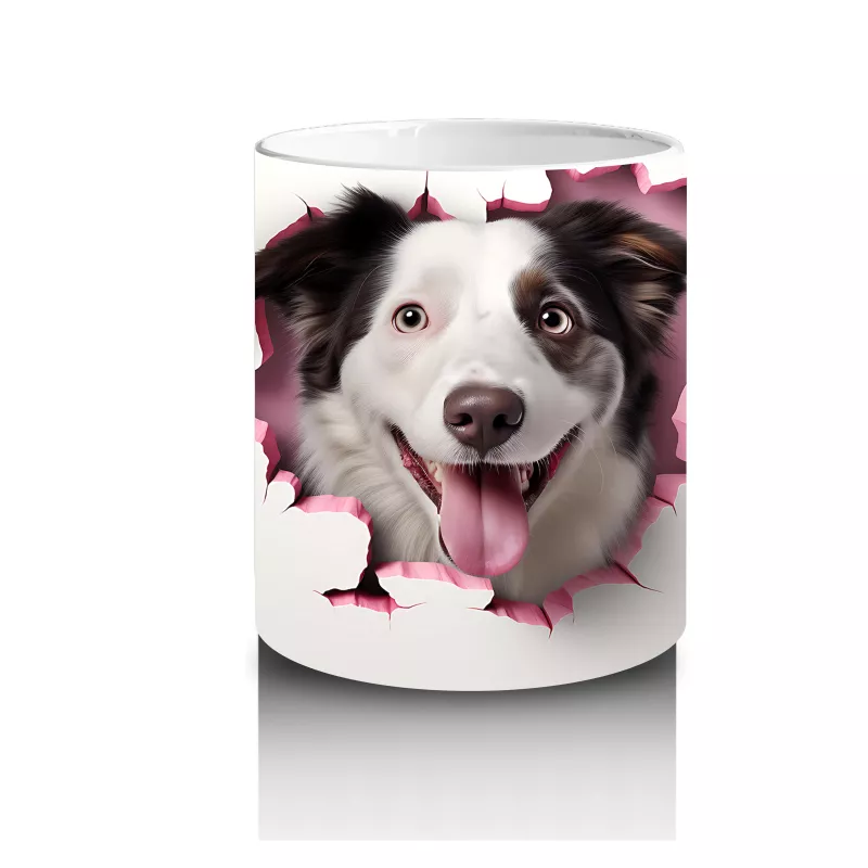 Pembe Yırtık Etkili Desende Gülümseyen Köpek – Baskılı Kupa - 3