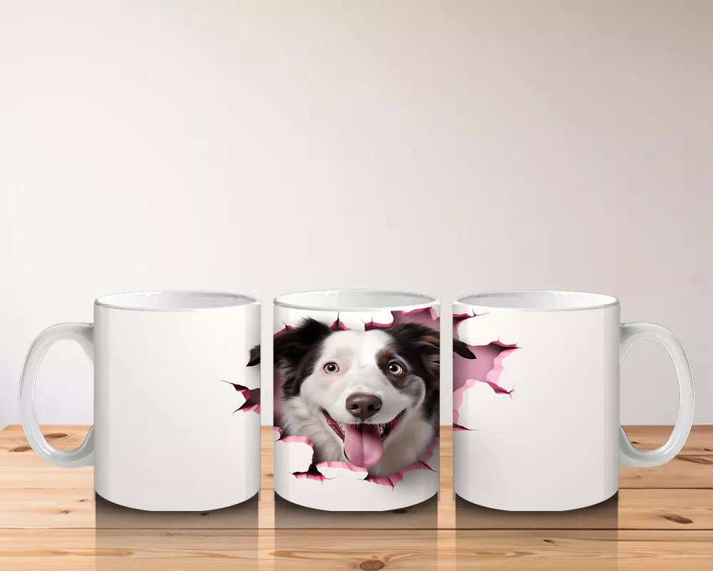 Pembe Yırtık Etkili Desende Gülümseyen Köpek – Baskılı Kupa - 5