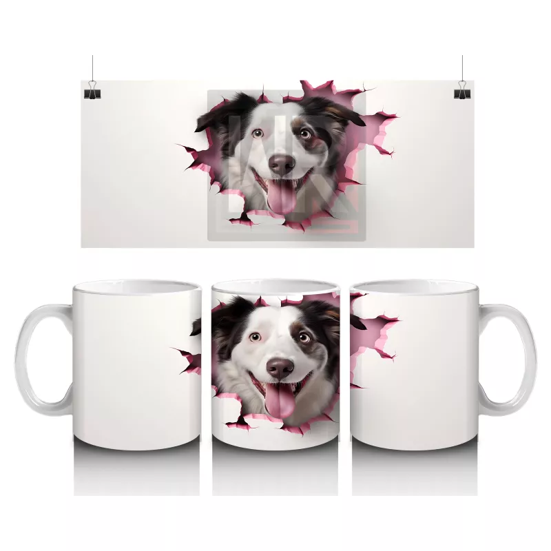 Pembe Yırtık Etkili Desende Gülümseyen Köpek – Baskılı Kupa