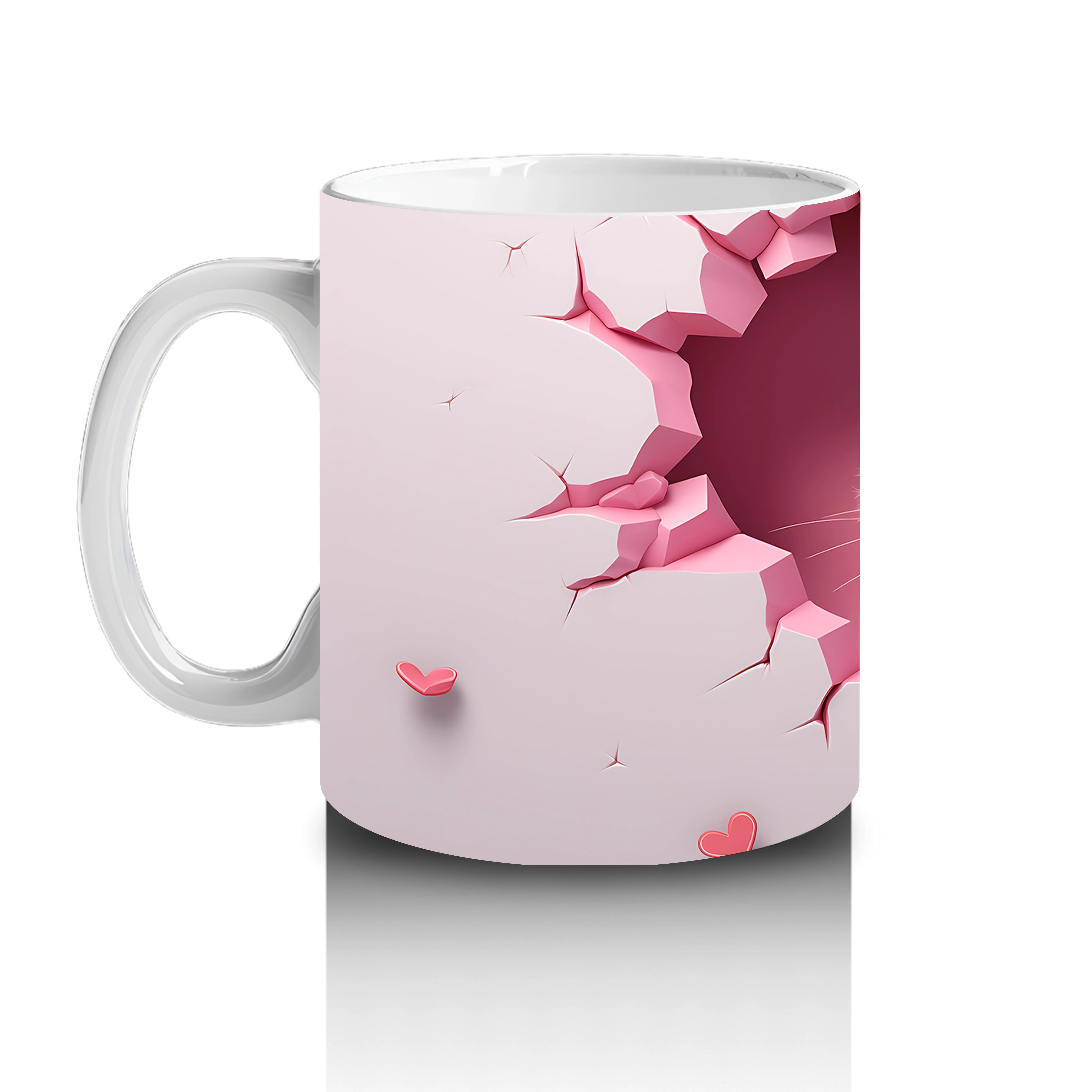 Pembe Zemin Üzerinde Beyaz Kalpli Kedi – Baskılı Kupa - 2