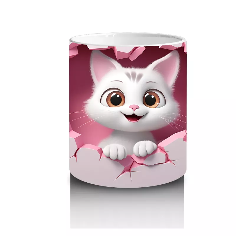 Pembe Zemin Üzerinde Beyaz Kalpli Kedi – Baskılı Kupa - 3