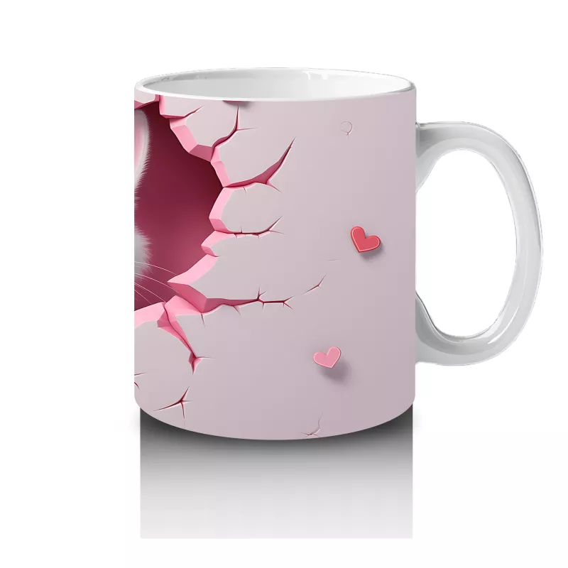 Pembe Zemin Üzerinde Beyaz Kalpli Kedi – Baskılı Kupa - 4