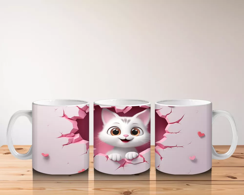Pembe Zemin Üzerinde Beyaz Kalpli Kedi – Baskılı Kupa - 5