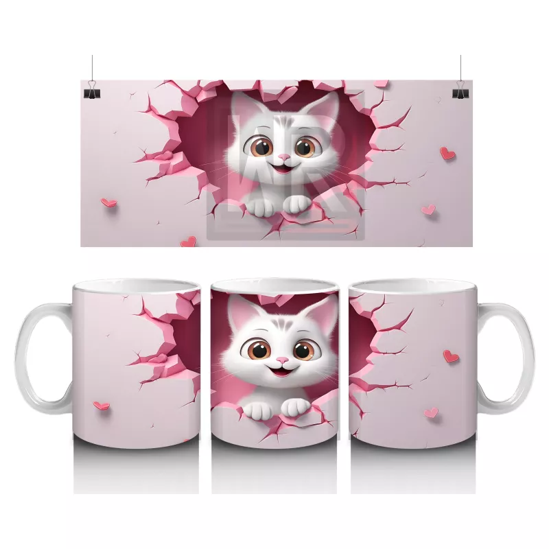 Pembe Zemin Üzerinde Beyaz Kalpli Kedi – Baskılı Kupa