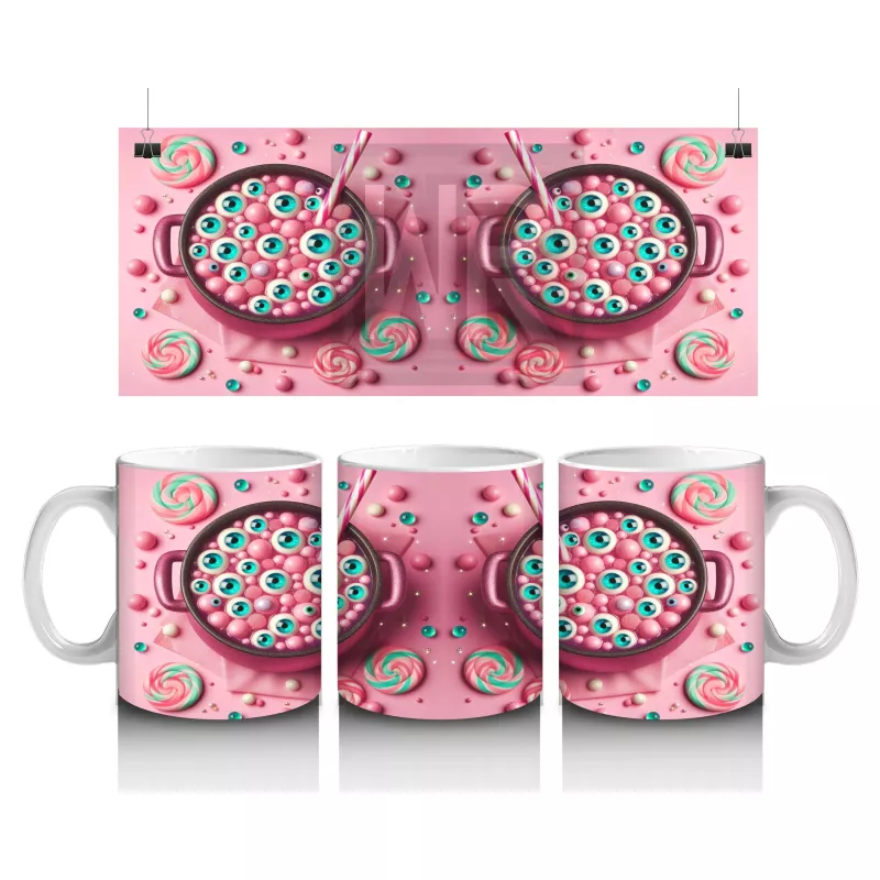 Pembe Zemin Üzerinde Korkunç Şeker Figürlü Sevimli Cadılar Bayramı Baskılı Kupa