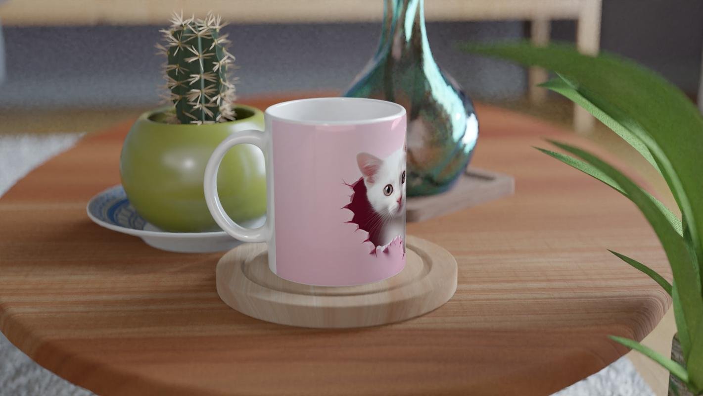 Pembe Zeminden Bakan Gerçekçi Yavru Kediler Temalı Baskılı Kupa Bardak - 4