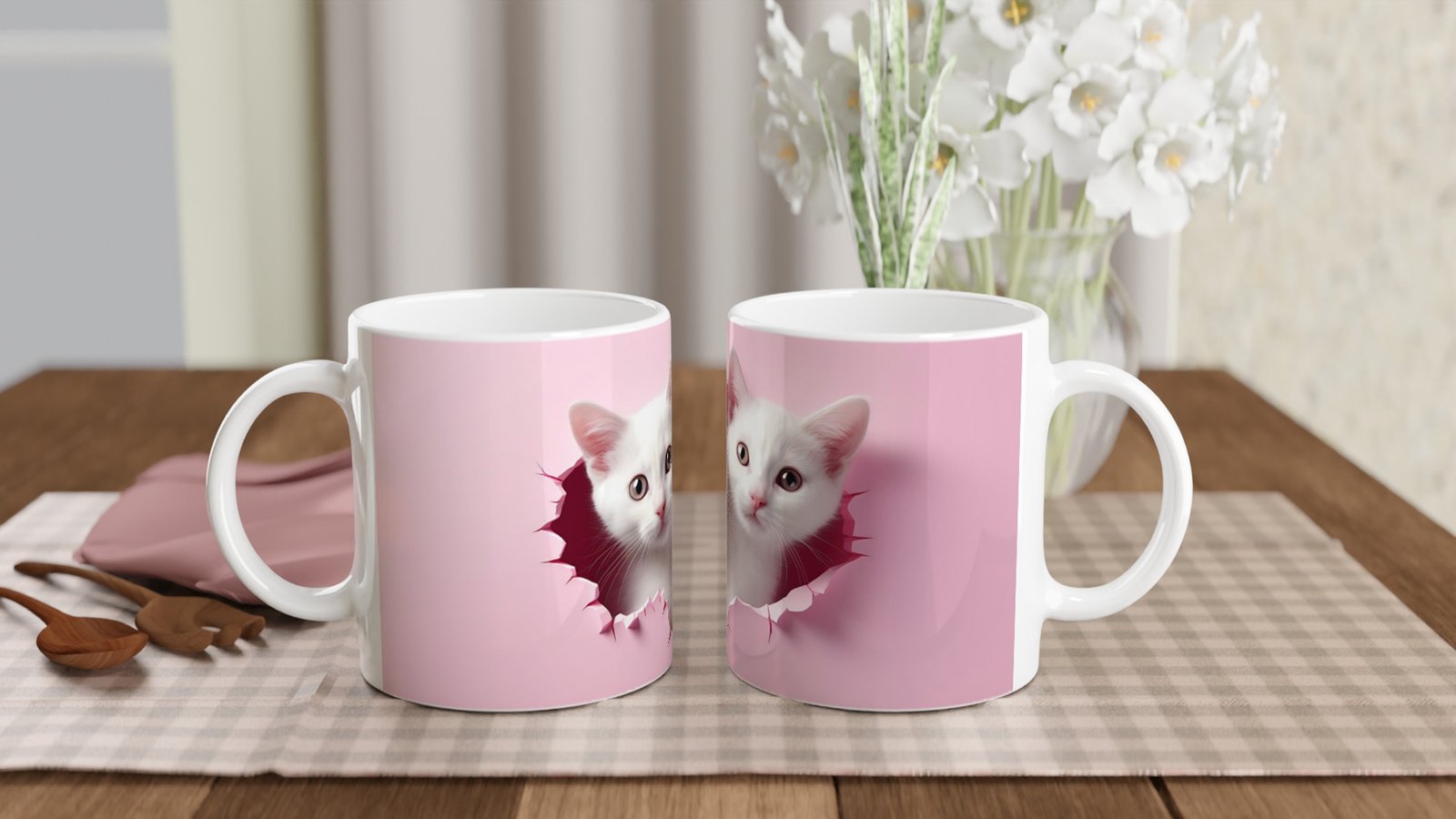 Pembe Zeminden Bakan Gerçekçi Yavru Kediler Temalı Baskılı Kupa Bardak - 5