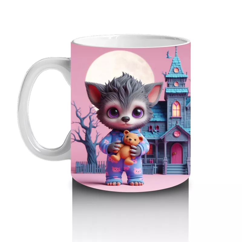 Perili Şato Önünde Sevimli Cadı Kız Figürlü Pembe Cadılar Bayramı Baskılı Kupa Bardak - 2