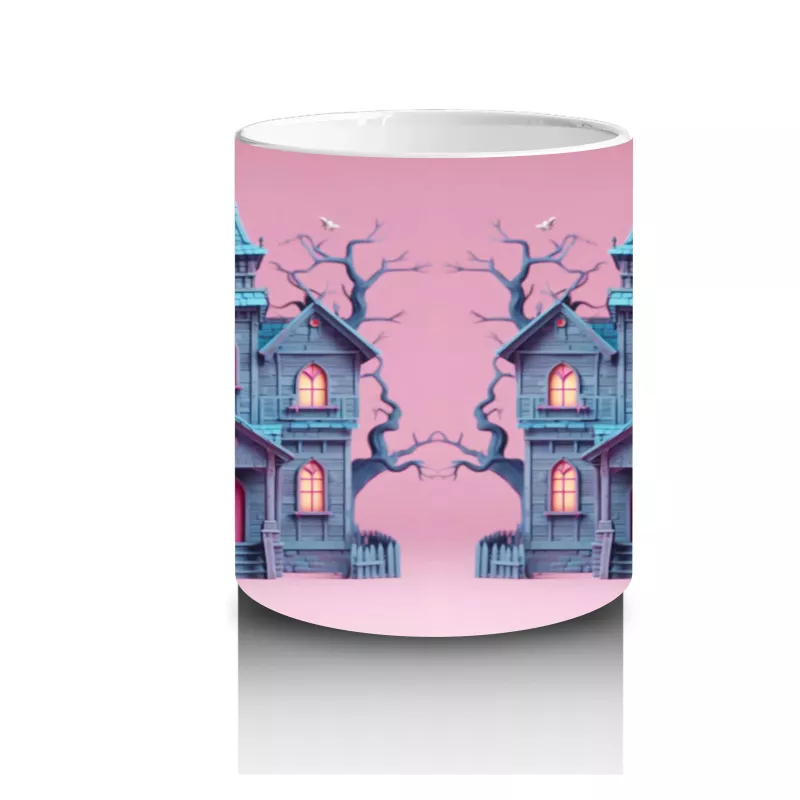 Perili Şato Önünde Sevimli Cadı Kız Figürlü Pembe Cadılar Bayramı Baskılı Kupa Bardak - 3