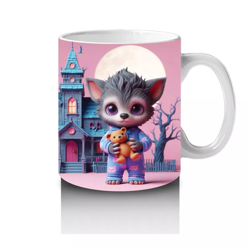 Perili Şato Önünde Sevimli Cadı Kız Figürlü Pembe Cadılar Bayramı Baskılı Kupa Bardak - 4