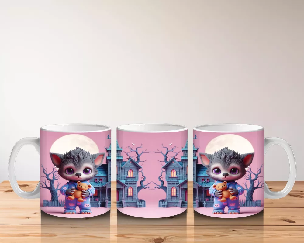 Perili Şato Önünde Sevimli Cadı Kız Figürlü Pembe Cadılar Bayramı Baskılı Kupa Bardak - 5