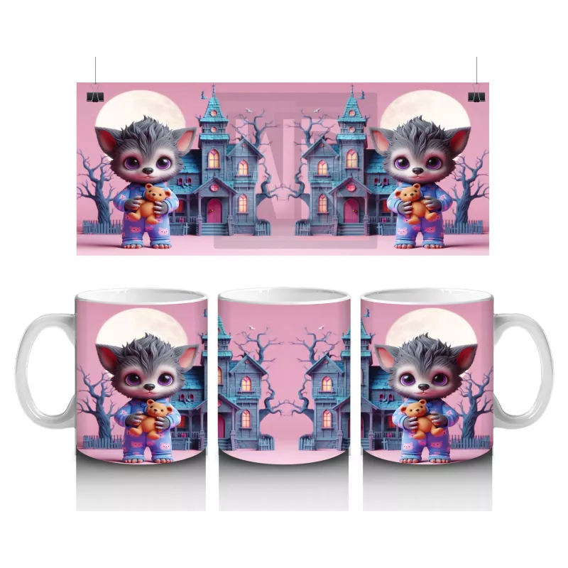 Perili Şato Önünde Sevimli Cadı Kız Figürlü Pembe Cadılar Bayramı Baskılı Kupa Bardak