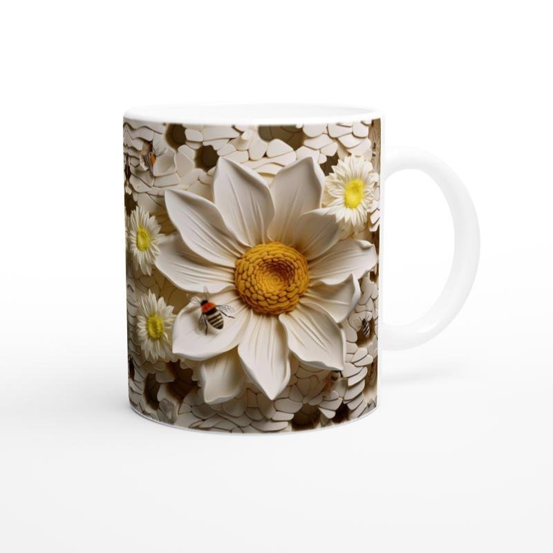 Petek Üzerindeki Papatya ve Arı Temalı Baskılı Kupa Bardak - 3