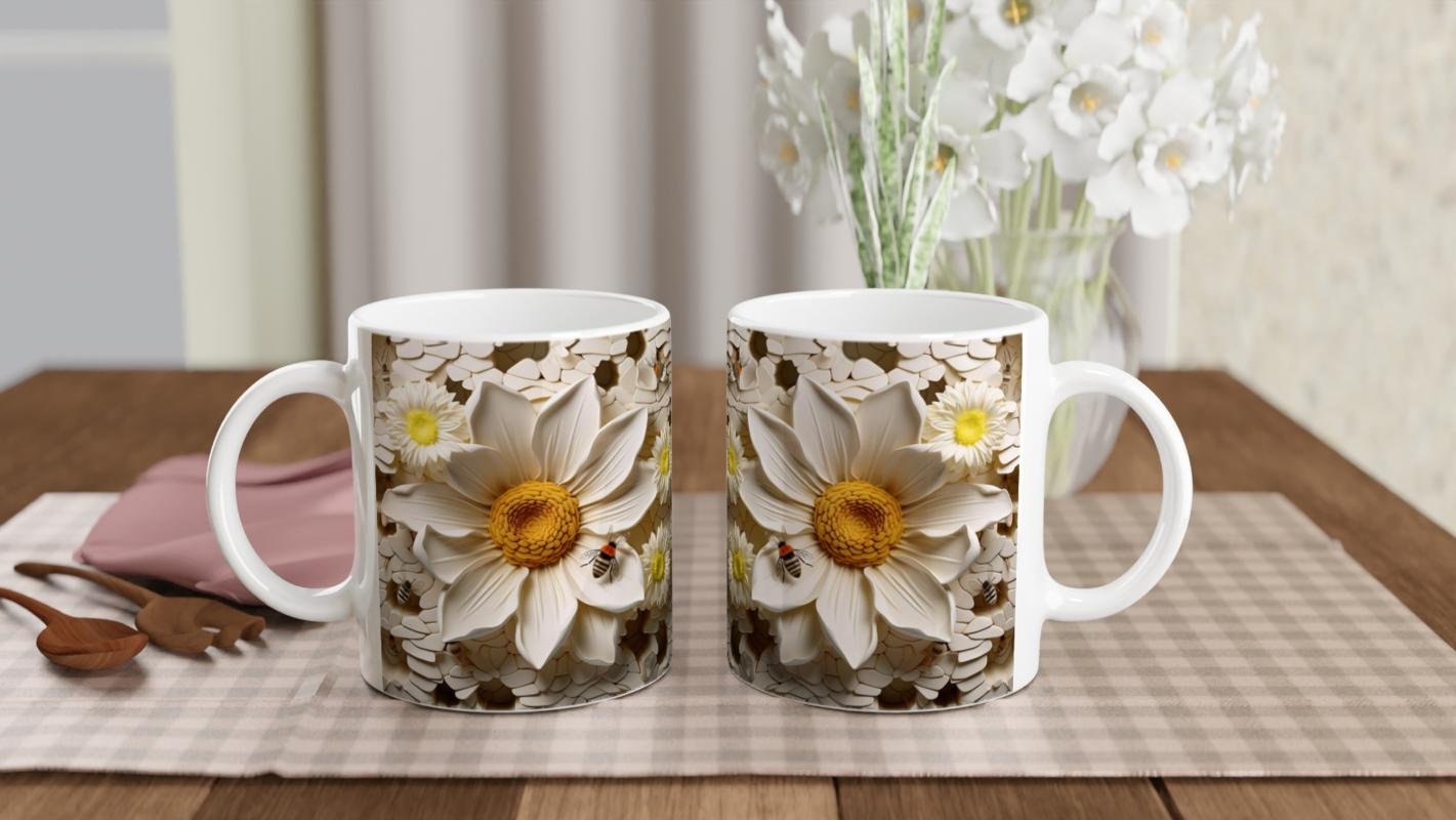 Petek Üzerindeki Papatya ve Arı Temalı Baskılı Kupa Bardak - 5