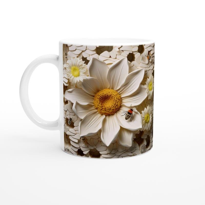 Petek Üzerindeki Papatya ve Arı Temalı Baskılı Kupa Bardak