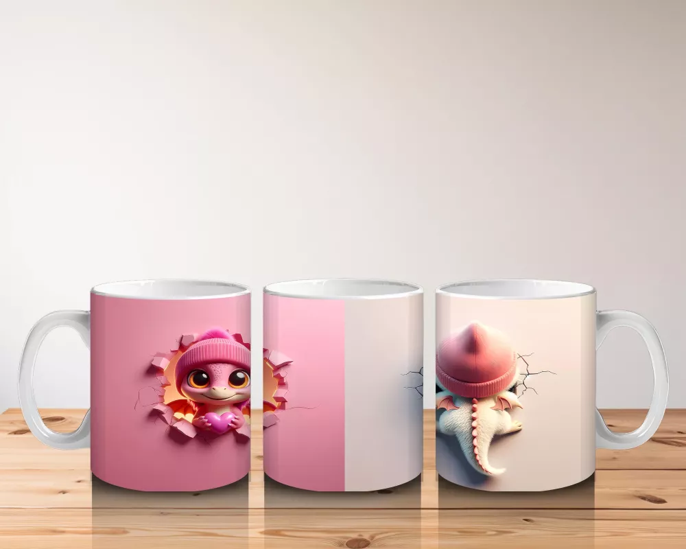 Ponponlu Pembe Kostümlü Kız Maskot ve Şapkalı Figür – Baskılı Kahve Kupası - 5