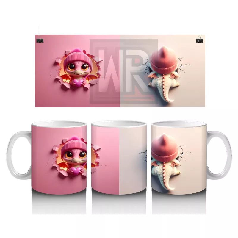 Ponponlu Pembe Kostümlü Kız Maskot ve Şapkalı Figür – Baskılı Kahve Kupası