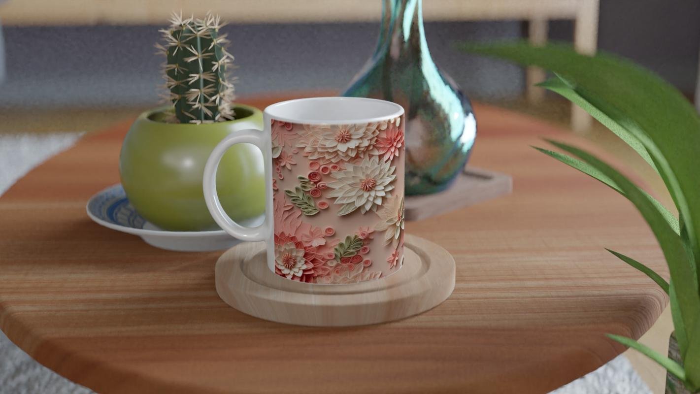 Pudra Bahçesi Çiçekli Rölyef Kupa Bardak - 4