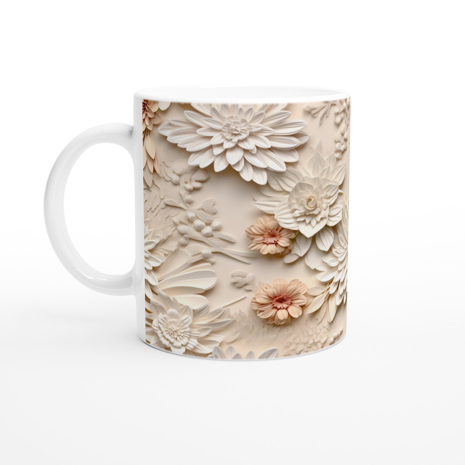 Pudra ve Fildişi Rölyef Çiçekli Kupa Bardak