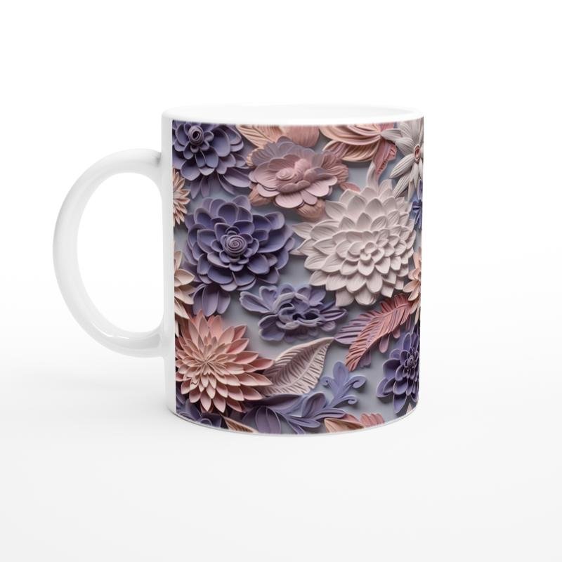 Pudra ve Leylak Renkli Rölyef Çiçek Desenli Kupa Bardak