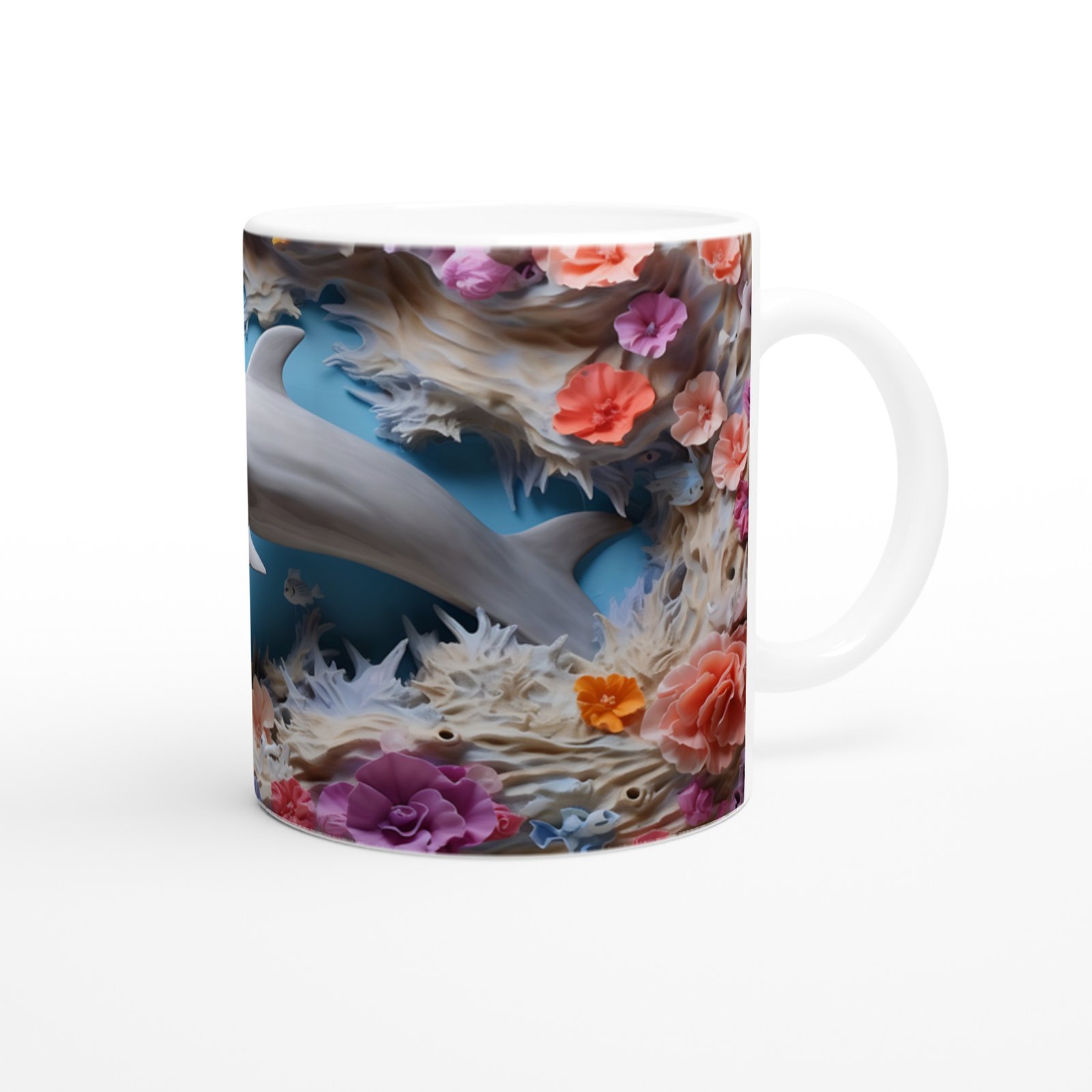 Rengarenk Mercanlar Arasında Neşeli Yunus Temalı Su Altı Kupa Bardak - 3