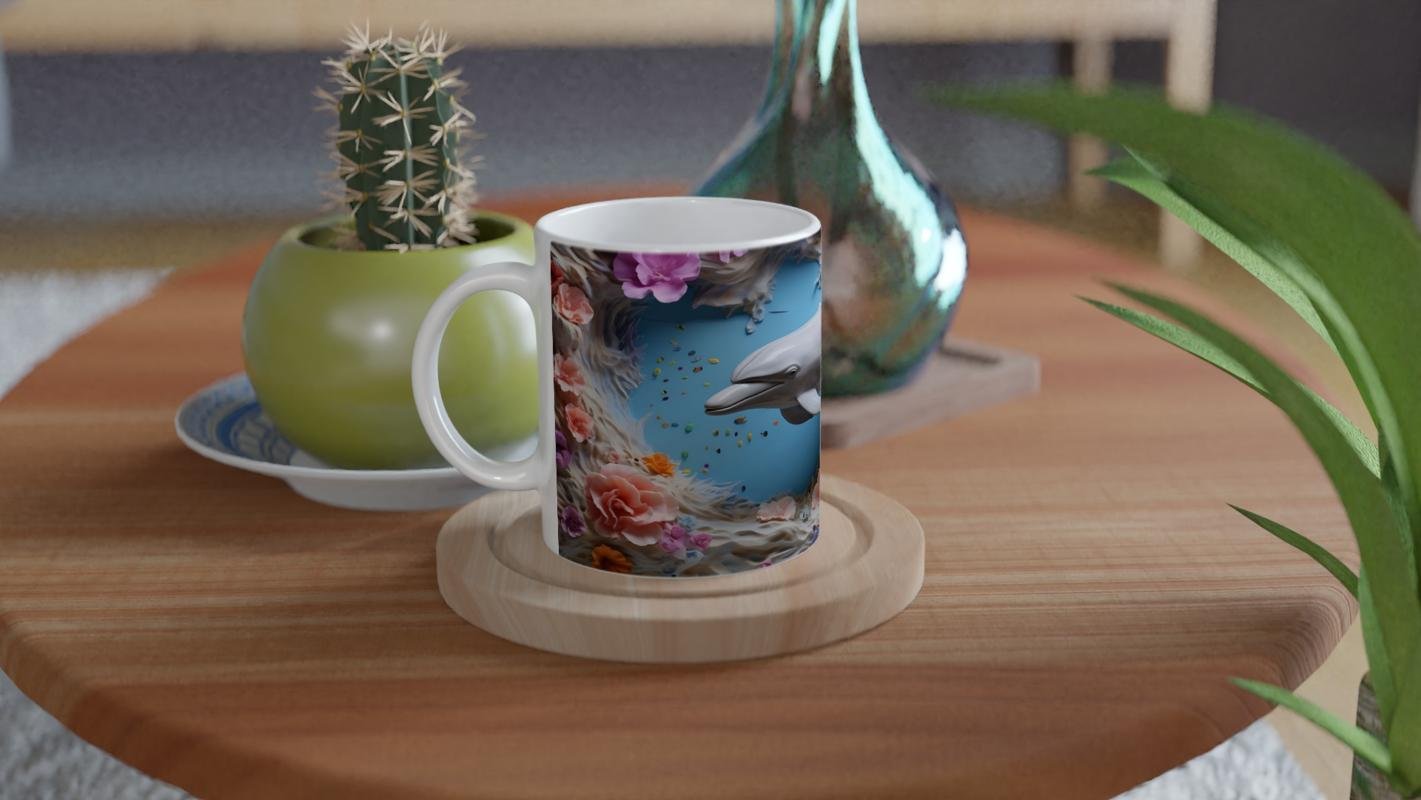 Rengarenk Mercanlar Arasında Neşeli Yunus Temalı Su Altı Kupa Bardak - 4