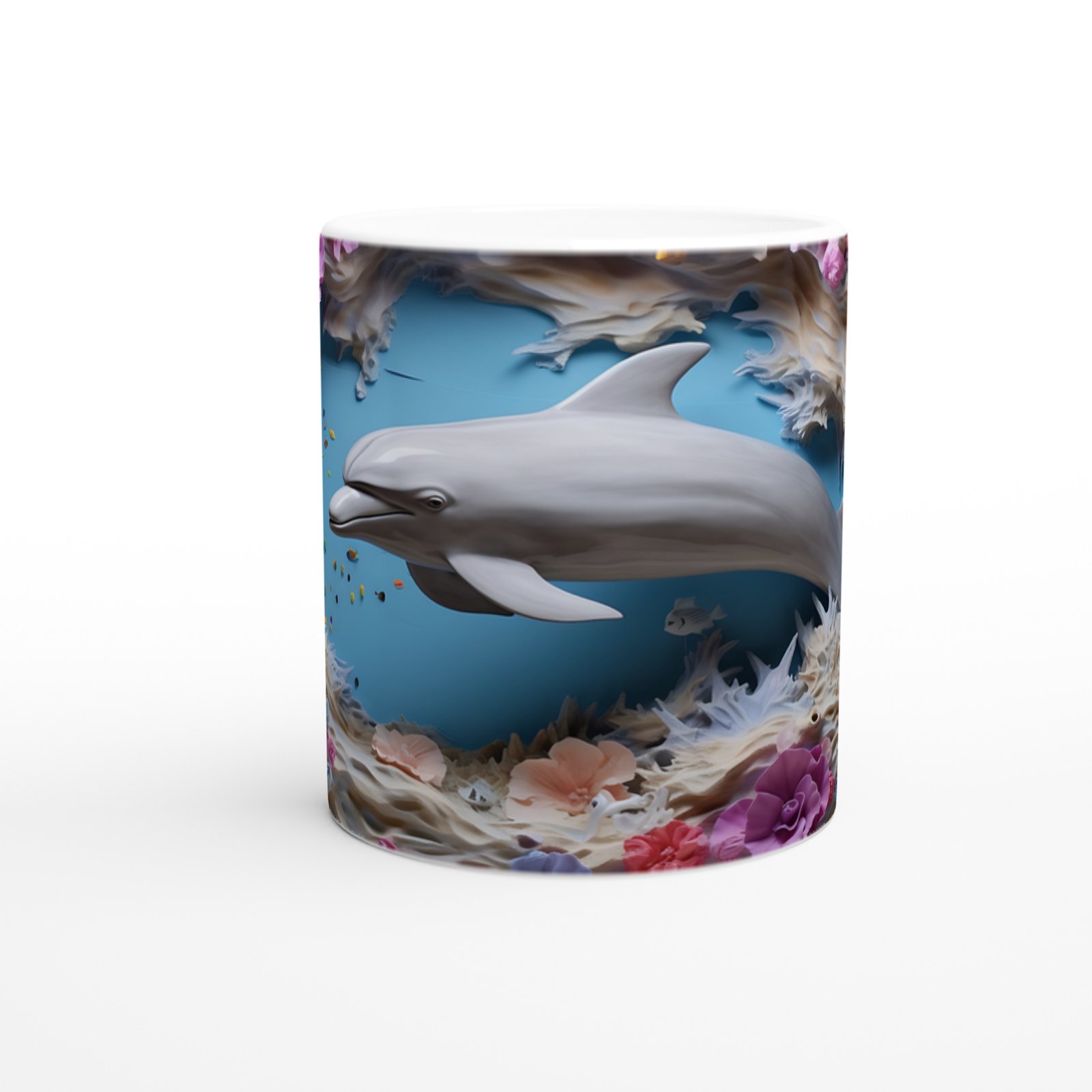 Rengarenk Mercanlar Arasında Neşeli Yunus Temalı Su Altı Kupa Bardak