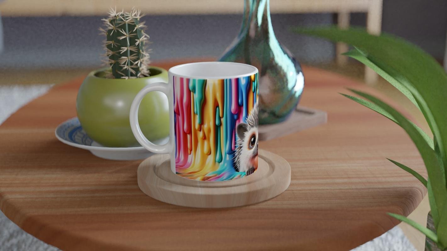 Renk Dalgası Arasından Bakan Kirpi Temalı Baskılı Kupa Bardak - 4