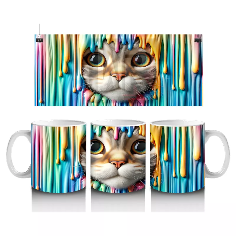 Renkli Arka Planda Büyük Gözlü Sevimli Kedi – Baskılı Kahve Kupası