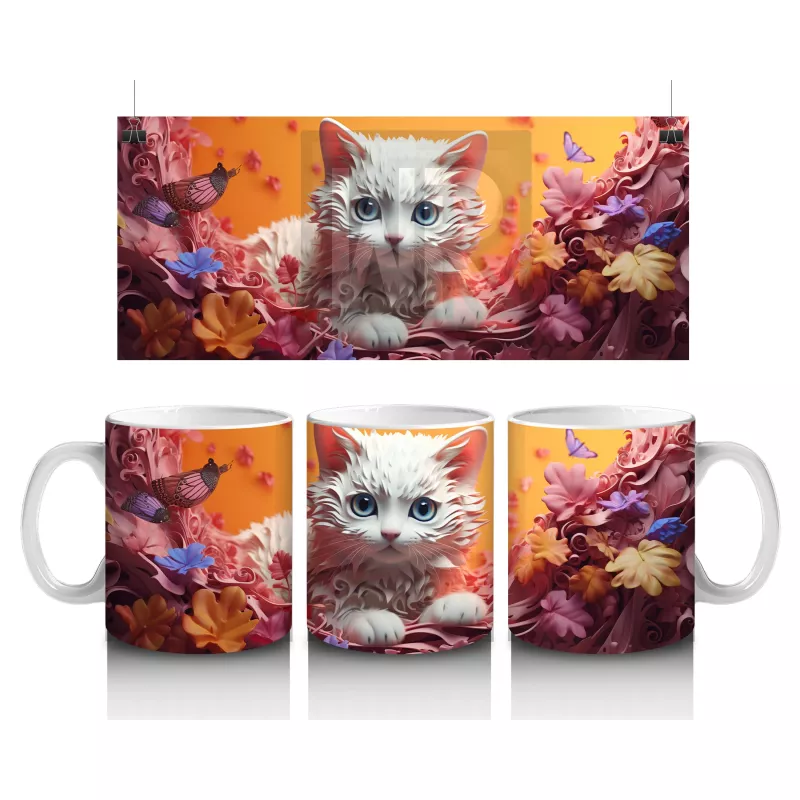 Renkli Arka Planda Tüylü Beyaz Kedi – Baskılı Kahve Kupası