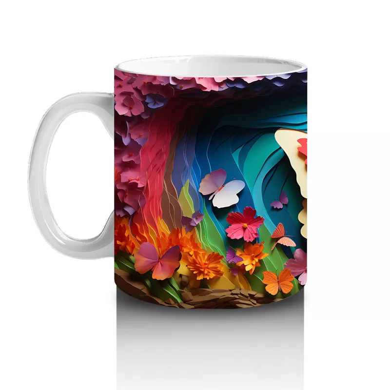 Renkli Bahar Çiçekleri Arasında Turuncu Kelebek – Baskılı Kahve Kupası - 2