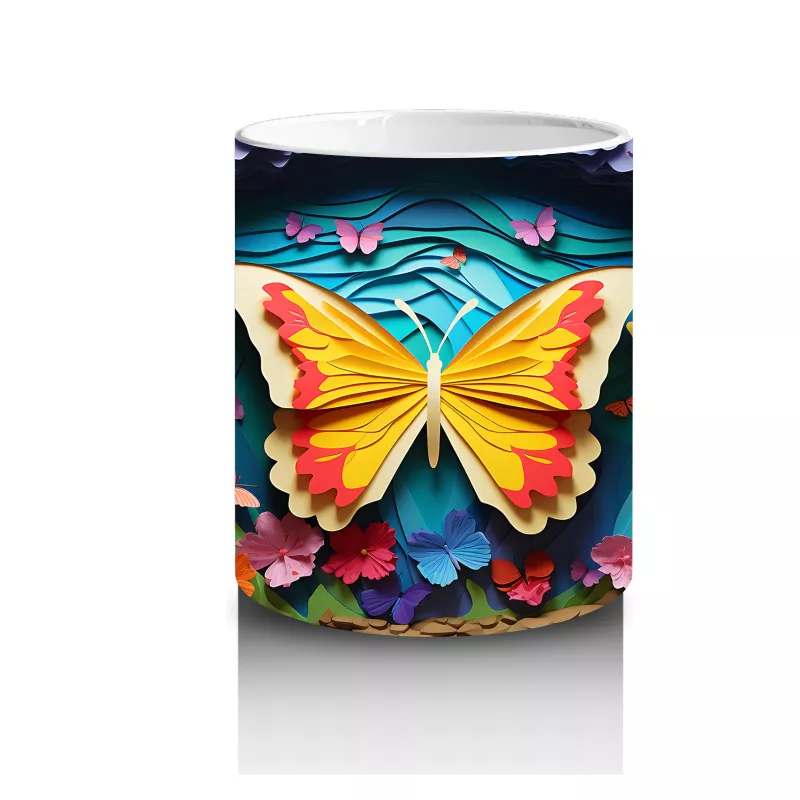 Renkli Bahar Çiçekleri Arasında Turuncu Kelebek – Baskılı Kahve Kupası - 3