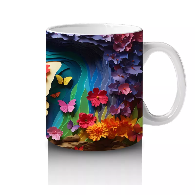 Renkli Bahar Çiçekleri Arasında Turuncu Kelebek – Baskılı Kahve Kupası - 4