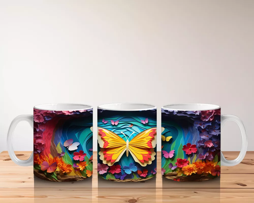Renkli Bahar Çiçekleri Arasında Turuncu Kelebek – Baskılı Kahve Kupası - 5