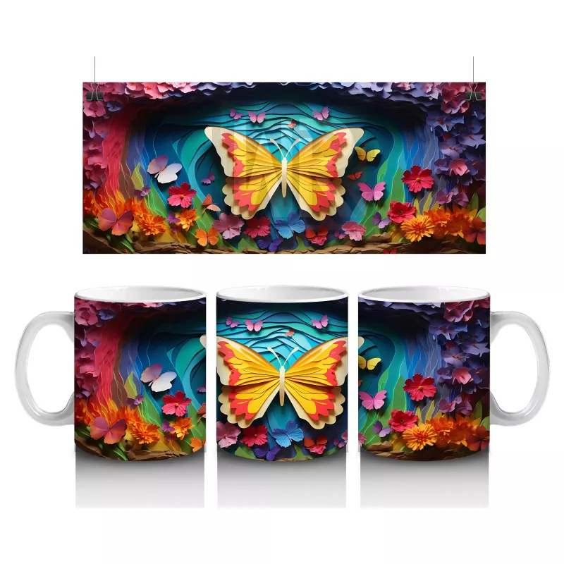 Renkli Bahar Çiçekleri Arasında Turuncu Kelebek – Baskılı Kahve Kupası