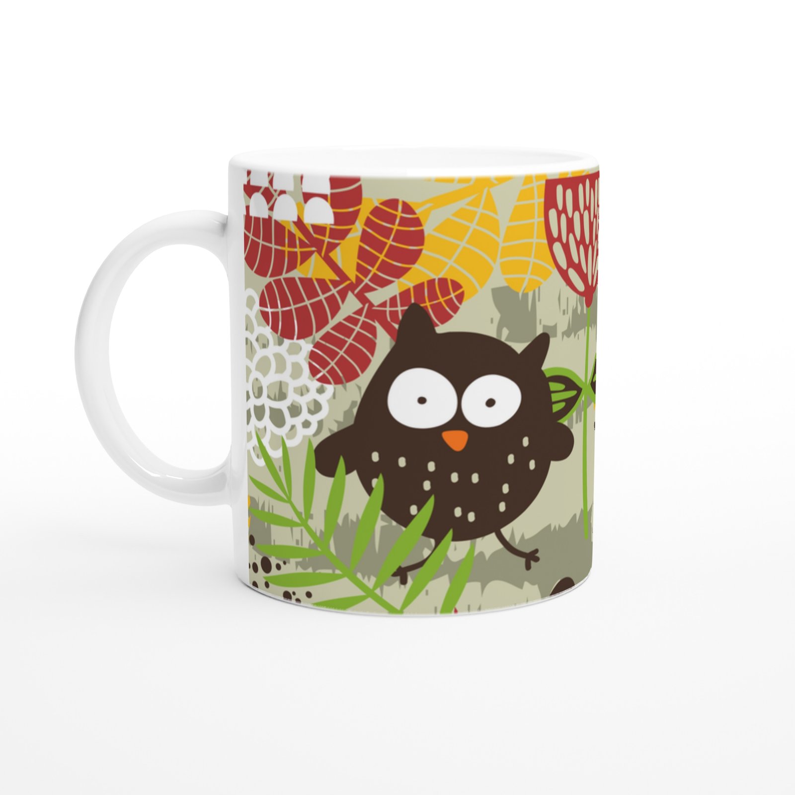 Renkli Baykuş ve Yaprak Desenli Kupa Bardak