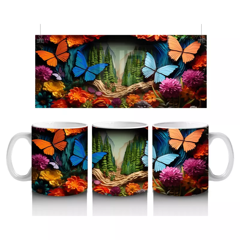 Renkli Cam Mozaik Desenli Mavi ve Turuncu Kelebekler – Baskılı Kahve Kupası