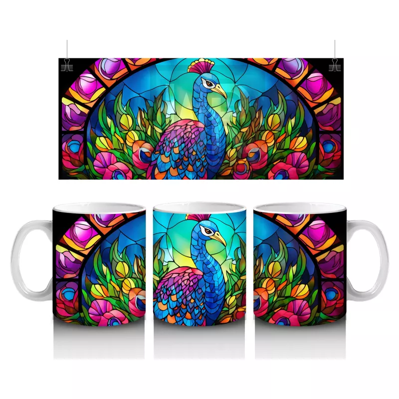 Renkli Cam Vitray Stilde Tavus Kuşu – Baskılı Kahve Kupası