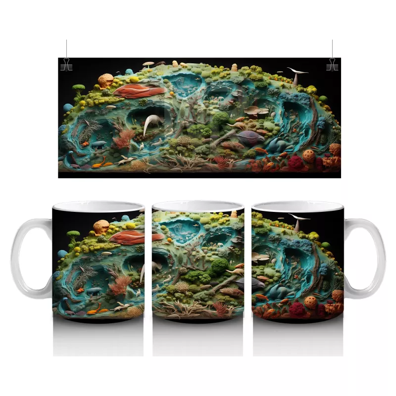 Renkli Canlılarla Dolu Fütüristik Doğa Manzarası - Baskılı kahve kupası