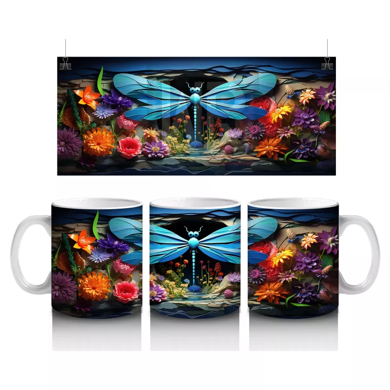 Renkli Çiçek Bahçesinde Çift Mavi Yusufçuk – Baskılı Kahve Kupası