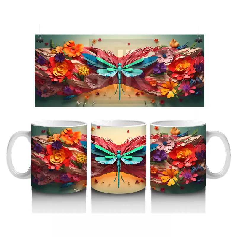 Renkli Çiçek Bahçesinde Parlayan Pembe Kanatlı Yusufçuk - Baskılı kahve kupası