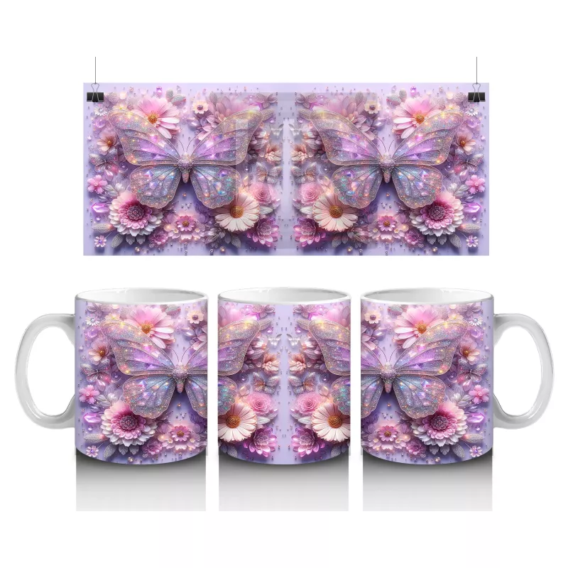 Renkli Çiçek Desenli Arka Planda Mor Kelebek Çifti - Baskılı kahve kupası