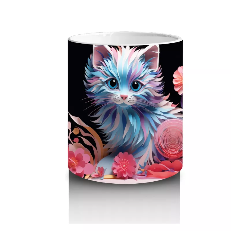 Renkli Çiçekler Arasında Büyüleyici Kedi – Baskılı Kahve Kupası - 3
