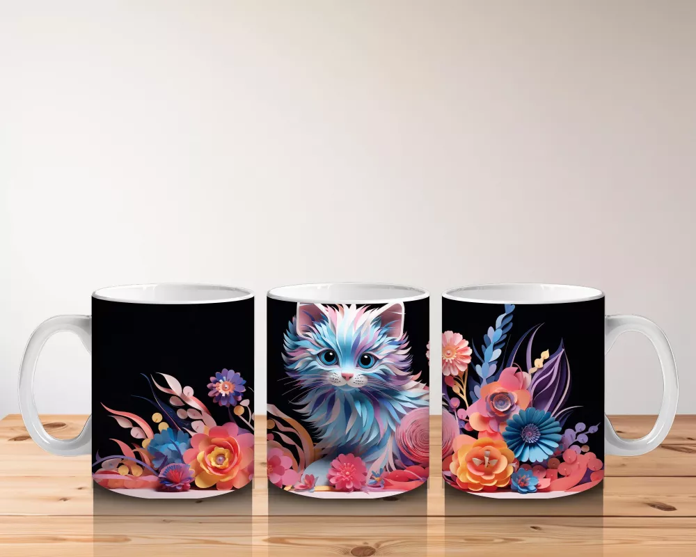 Renkli Çiçekler Arasında Büyüleyici Kedi – Baskılı Kahve Kupası - 5