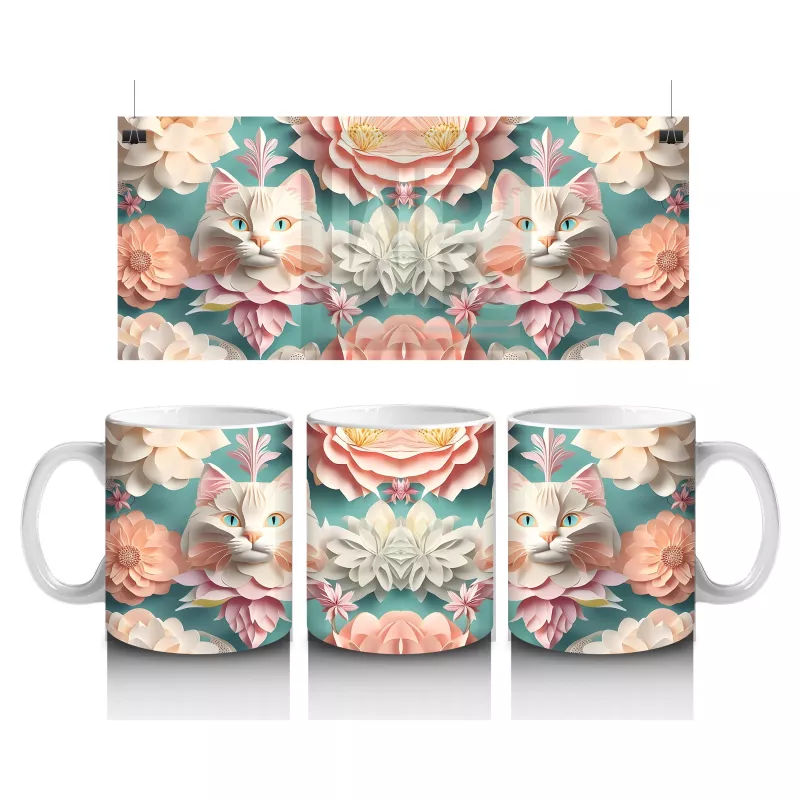 Renkli Çiçekler Arasında İkili Kedi Figürü – Baskılı Kupa